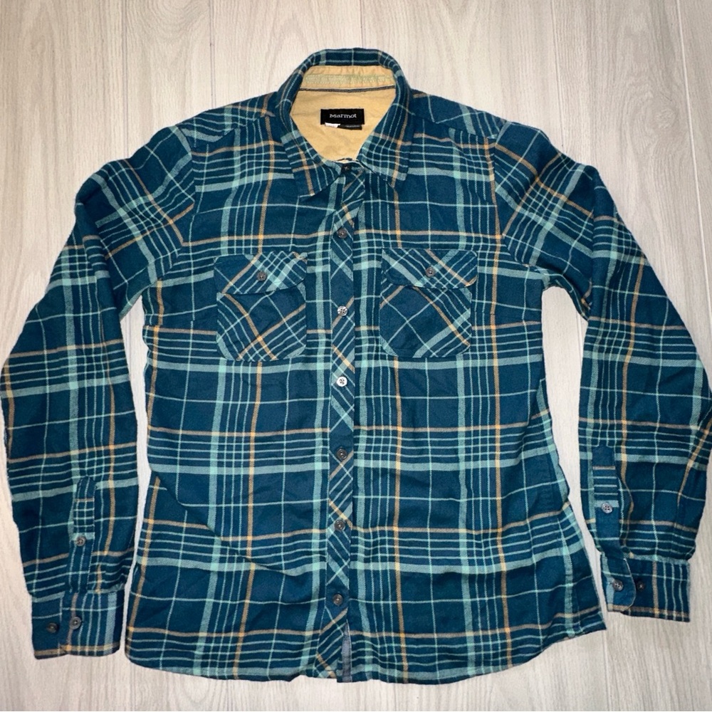 Marmot Shirt Womens Medium Blue Flannel Plaid Tartan Outdoors Hiking